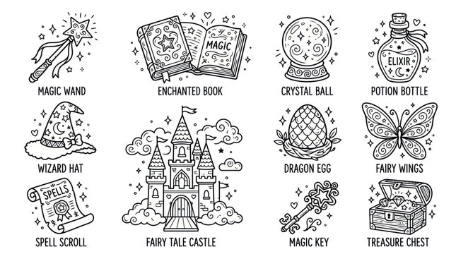Enchanted fantasy items and magic wizard equipment icon collection.