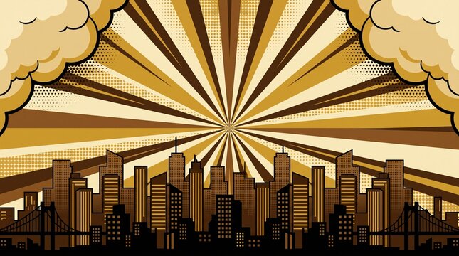 Dark golden city skyline featuring dramatic retro burst rays and vintage comic clouds. Perfect for posters, urban branding, business presentations, and editorial use.
