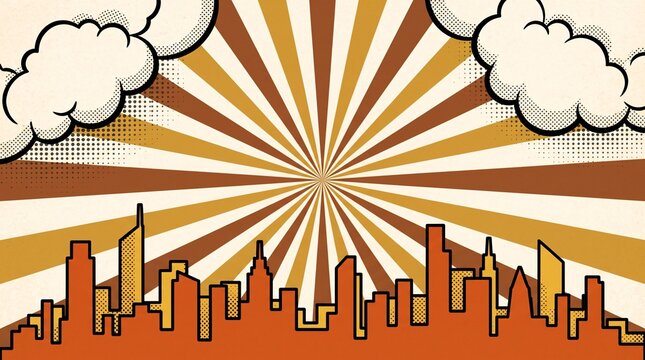 Light brown urban skyline combined with classic radial rays for a timeless city background suitable for presentations, business branding, and advertising materials.