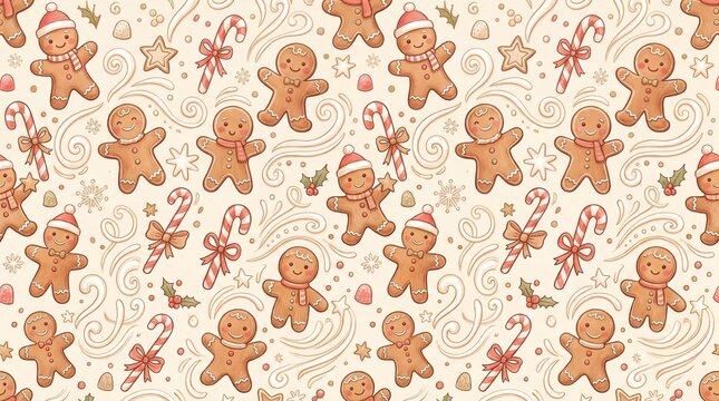 Whimsical Gingerbread Christmas Gift Wrap, Seamless Cute Holiday Pattern Design
