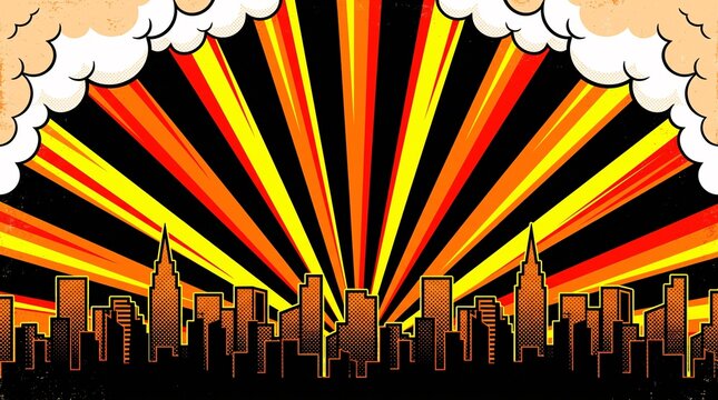 Orange sunset skyline featuring bold comic-style radial rays and fluffy clouds. Great for promotional banners, travel advertising, presentations, and editorial layouts.