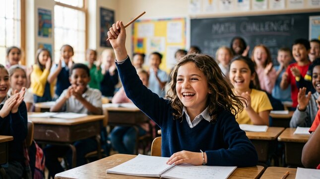 Fillette souriante levant la main en classe pendant un cours, &eacute;l&egrave;ves enthousiastes &agrave; l'&eacute;cole primaire, concept de rentr&eacute;e scolaire et d'&eacute;ducation r&eacute;ussie.