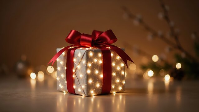 Wrapped gift box with red ribbon and warm fairy lights in dark room