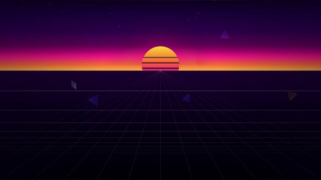Seamless looping background featuring a retro synthwave sunset horizon with geometric wireframe terrain.
