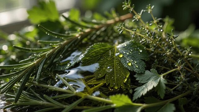 Fresh green herbs and plants close up