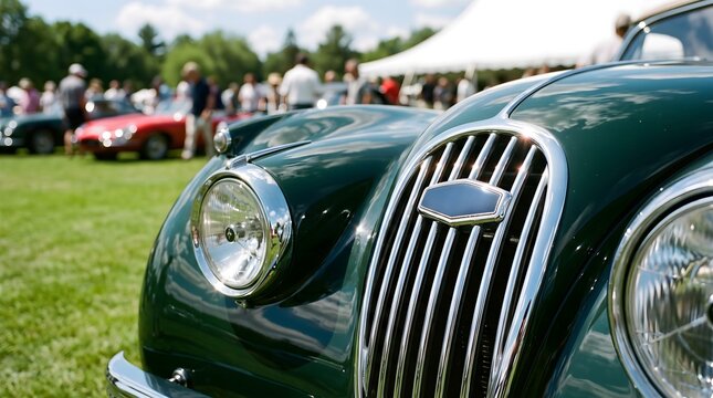 Chrome grille and headlight of a classic vintage green sports car at a car show