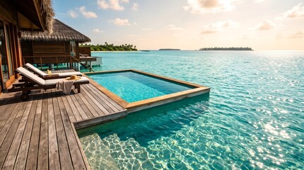 Obraz premium Luxury overwater villa with private plunge pool in tropical turquoise lagoon.