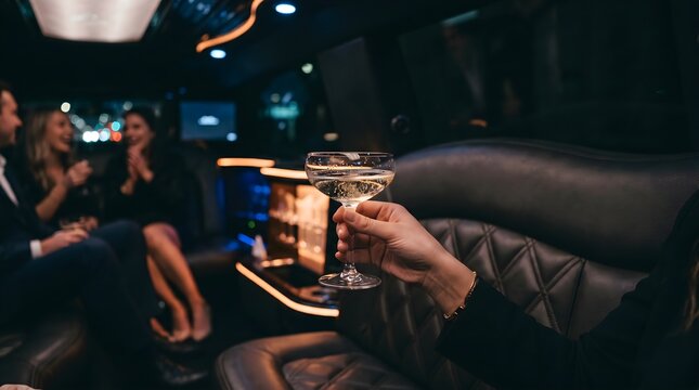 Woman holding a champagne glass celebrating inside a luxury limousine at night.