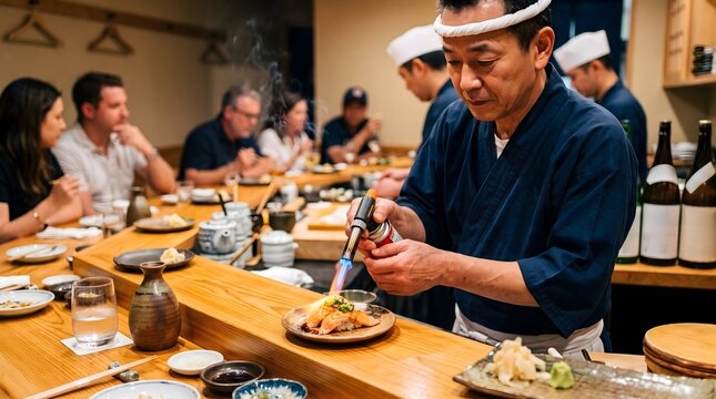 Japanese Chef Searing Salmon Nigiri Sushi with Blowtorch at Omakase Bar