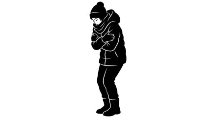 Obraz premium Silhouette of Person Shivering in Winter Coat and Beanie Hat Feeling Cold
