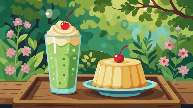 Green milkshake and pudding on a tray. Refreshing summer dessert in a garden setting.