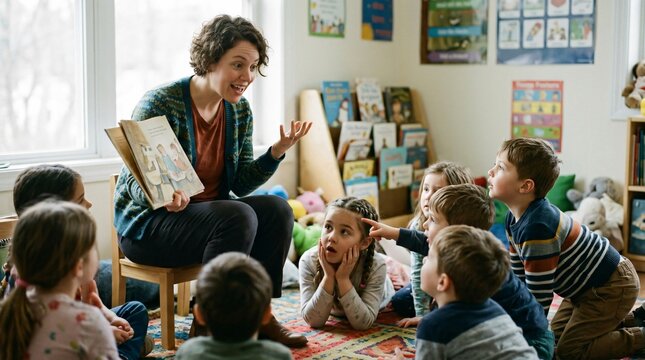 Enseignante lisant un livre de contes aux jeunes &eacute;l&egrave;ves attentifs assis sur le tapis d'une classe de maternelle &agrave; la rentr&eacute;e scolaire.