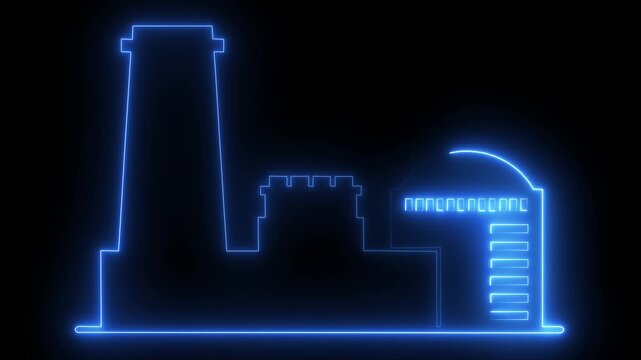 Neon blue nuclear power plant outline animation on black background