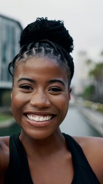 Face, fitness and selfie with black woman in city for cardio training or workout satisfaction. Exercise, laughing and pov of runner outdoor for commitment or dedication to health and wellness