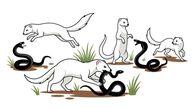 Illustration of mongooses fighting cobras in wild habitat.