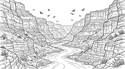 Fototapeta premium Grand canyon river landscape coloring book page illustration.