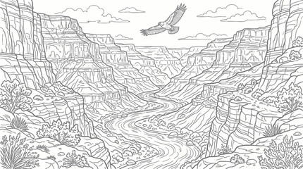 Obraz premium Grand Canyon landscape with eagle line art.