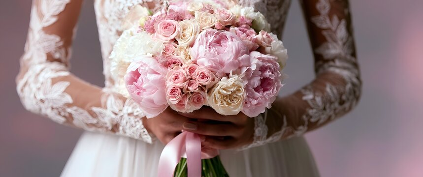 Noiva Elegante Vestindo Vestido de Renda Branca Segurando um Buqu&ecirc; de Flores em Tons Pastel de Pe&ocirc;nias e Rosas