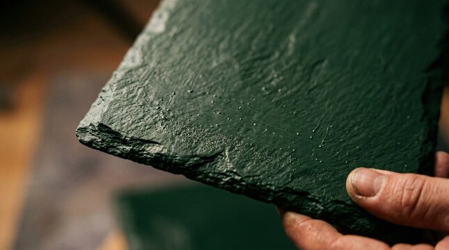 Main tenant une ardoise naturelle verte pour la rentr&eacute;e scolaire, texture brute de tableau d'&eacute;cole traditionnel et mat&eacute;riel p&eacute;dagogique vintage.
