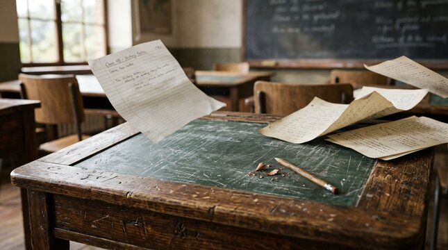 Pupitre d'&eacute;cole vintage en bois avec feuilles de notes volantes, crayon de bois et tableau noir flou, ambiance nostalgique de rentr&eacute;e scolaire et d'histoire.