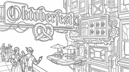Obraz premium Black and White Coloring Page of a Vibrant Oktoberfest Celebration with People in Traditional Attire, Beer Mugs, and a Pretzel Sign, Futuristic Steampunk Style Vector Illustration