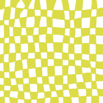 Wavy checkered pattern seamless background in green and yellow retro distorted grid design