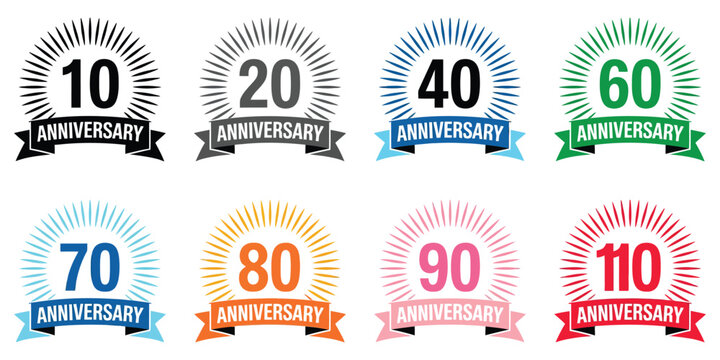 Anniversary logotype vector featuring birthday labels, milestone numbers from 10 to 100 years, and ribbon badges for celebration branding and event design.