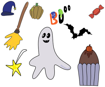 Halloween Doodles Set with Cute Ghost, Pumpkin, Witch Broom and Bat isolated on transparent or white background, png