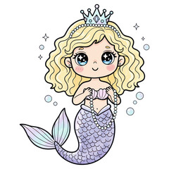 Obraz premium Cute Mermaid Princess with Pearls and Tiara: An adorable cartoon mermaid princess, with blonde curly hair, a sparkling tiara, and a pearl necklace.