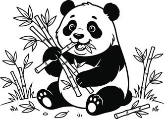 Giant panda sitting and eating bamboo stalks black and white line art © Prokash