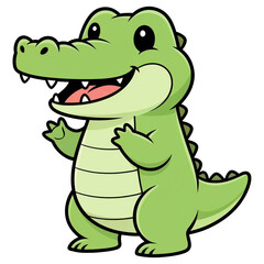 Fototapeta premium Cute Cartoon Alligator Smiling: A cheerful, green cartoon alligator with big eyes and an open mouth stands happily, its small hands raised in a friendly gesture, ready for fun and adventure.