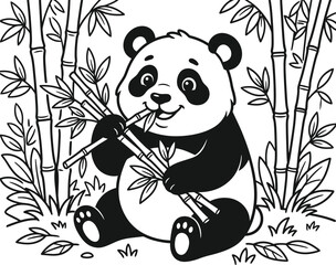 Giant panda sitting in bamboo forest eating stalks coloring page © Prokash