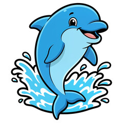 Naklejka premium Happy Dolphin Illustration: A cheerful blue dolphin leaps joyfully through a crest of splashing water, depicted in a vibrant cartoon style that embodies playful energy and aquatic fun.