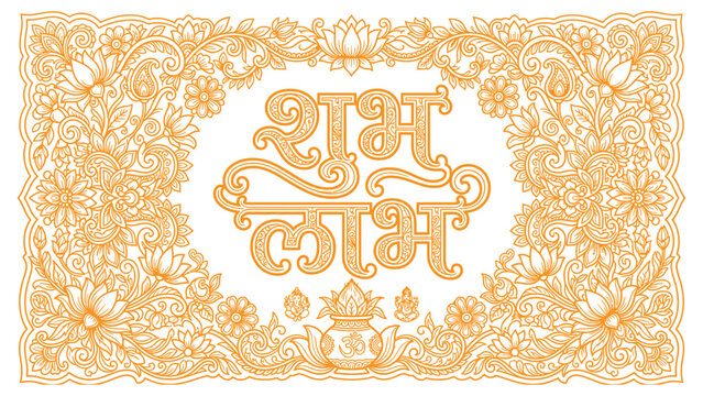 Hindi Shubh Labh calligraphy with floral border and Kalash symbol