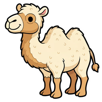 Cartoon Camel in the Desert: A charming cartoon illustration of a dromedary camel with two humps stands proudly against an imaginary desert backdrop, ready for an adventure.