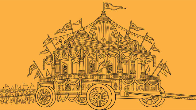 Hindu chariot procession festival with people pulling ornate vehicle