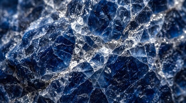 Intensely blue sapphire mineral cluster, exhibiting sharp crystalline facets and subtle white mineral veins, creating a abstract texture, backgrounds and luxury concepts