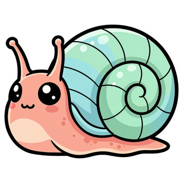 Cute Cartoon Snail Illustration: An adorable, pink cartoon snail with big, expressive eyes and a swirly pastel shell is depicted in a charming illustration.