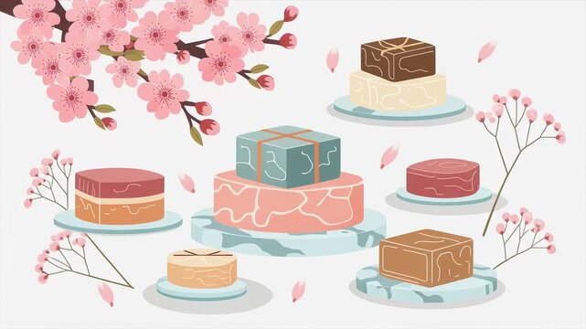 Set of traditional mooncakes with cherry blossoms. Asian dessert pastries for Mid-Autumn.