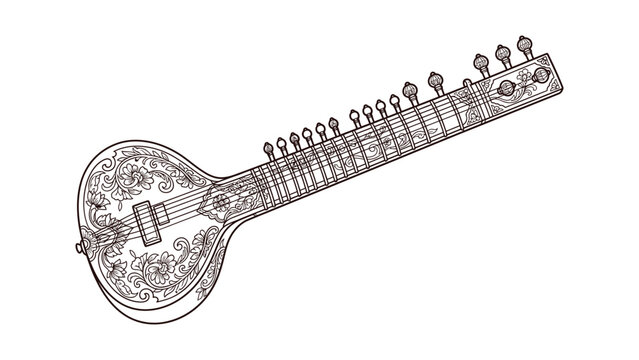 Ornate sitar indian musical instrument line art with floral carvings