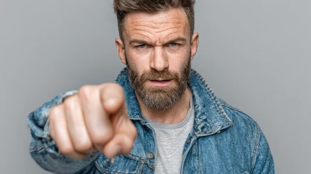 Serious bearded man wearing a denim jacket pointing his finger directly at the camera