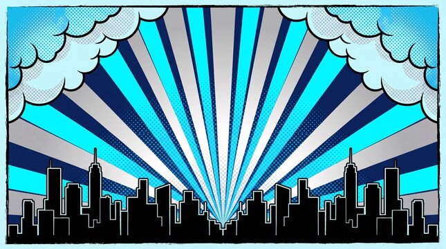Modern blue city skyline with vibrant cyan radial rays and clean comic clouds. Ideal for technology, corporate presentations, urban branding, and promotional graphics.