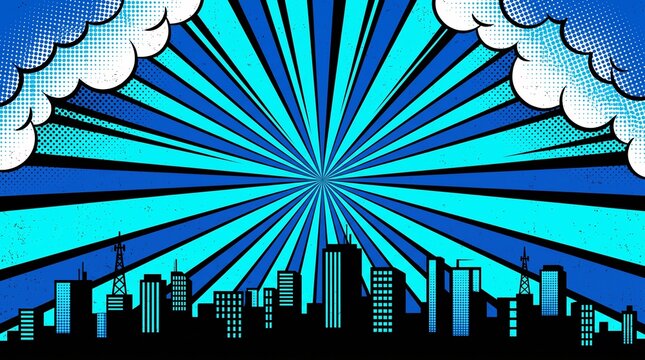 Bright cyan downtown skyline with vibrant radial sunburst rays and comic-style clouds. Perfect for corporate marketing, social media graphics, presentations, and urban-themed designs.