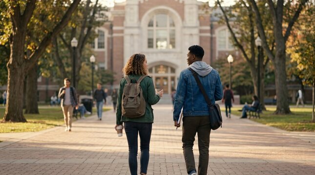 Deux &eacute;tudiants marchant ensemble sur un campus universitaire en automne, discutant de la rentr&eacute;e scolaire avec sacs &agrave; dos et caf&eacute;.