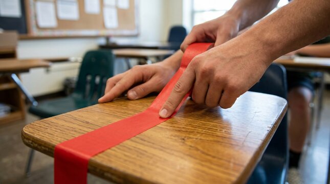 &Eacute;l&egrave;ve ou enseignant appliquant du ruban adh&eacute;sif rouge sur un pupitre en bois, am&eacute;nagement de la salle de classe et pr&eacute;paration pour la rentr&eacute;e scolaire.