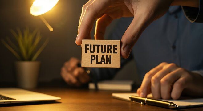 Future Plan Wooden Block: A hand holds a small wooden block with FUTURE PLAN inscribed on it, symbolizing the importance of strategic thinking and forward planning in business and life.