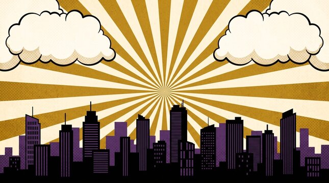 Golden sunrise over a purple city skyline featuring bold radial sunburst rays and fluffy clouds. Suitable for travel promotions, corporate branding, editorial layouts, and advertising.