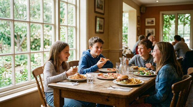Enfants et adolescents riant ensemble autour d'un repas au restaurant, pause d&eacute;jeuner entre amis pour la rentr&eacute;e scolaire, ambiance conviviale et chaleureuse.
