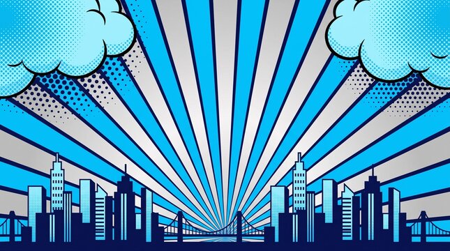 Light blue skyline with radiant sunburst rays and fluffy clouds creating a clean urban background for websites, business presentations, posters, and advertisements.