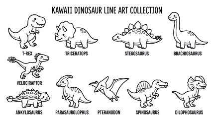 Kawaii dinosaur line art collection with labels. © Hana